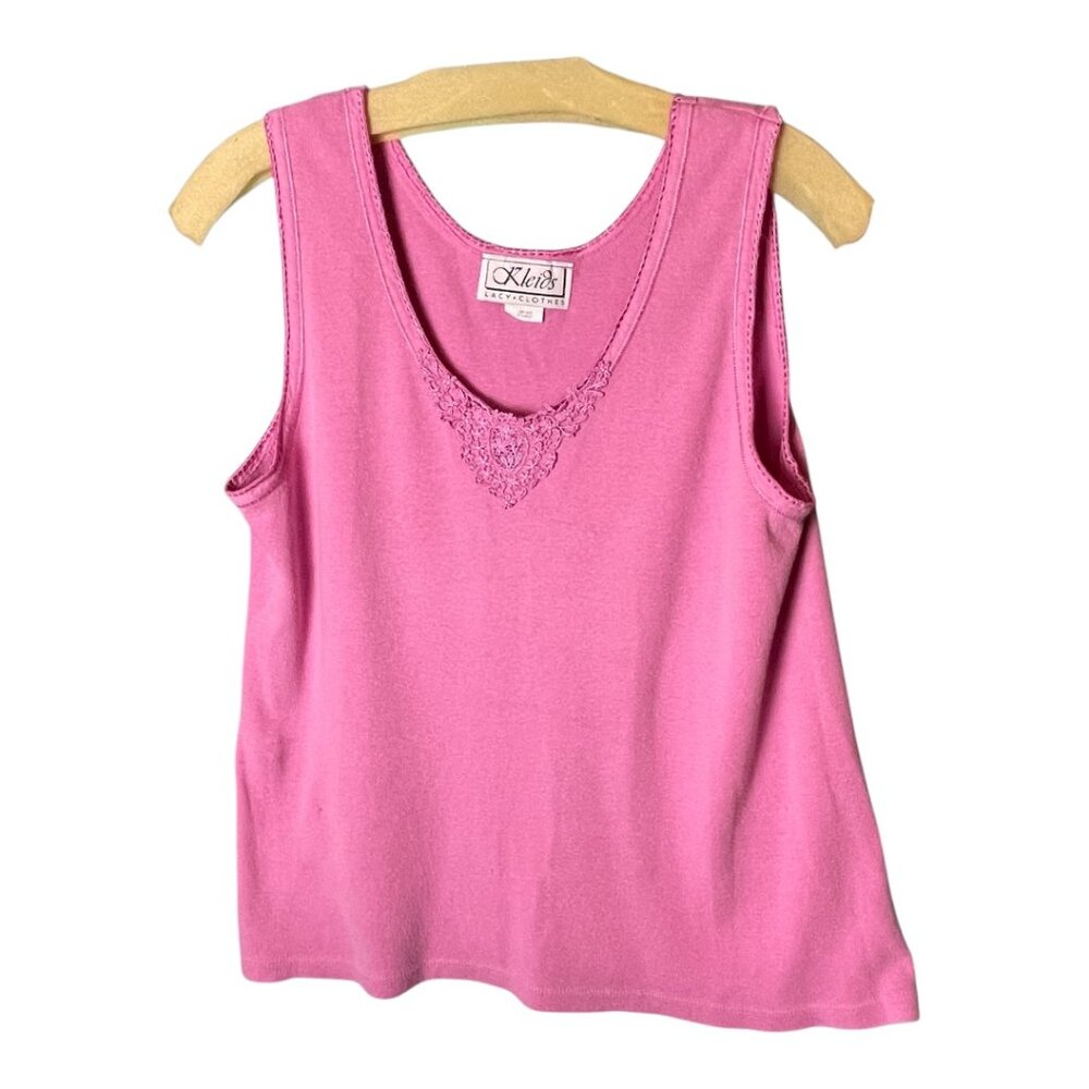Kleid's Pink cotton V-neck tank with lace styling -one size